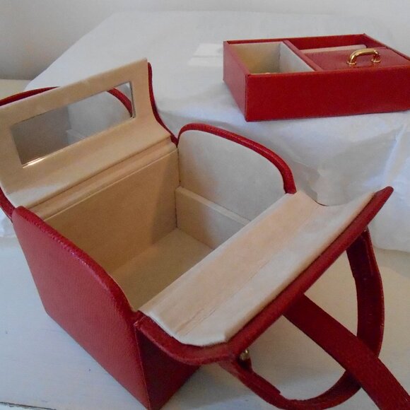 VTG Red Pebbled Leather Double Handled Jewelry Case-Divided Sections Mirror-Nice - Picture 4 of 10